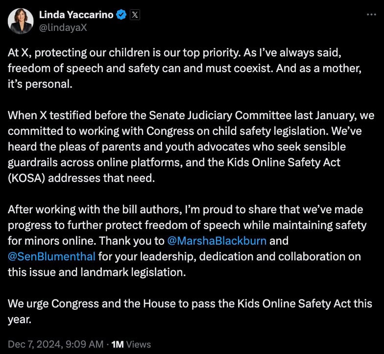 Linda Yaccarino's tweet about child safety, freedom of speech, and the Kids Online Safety Act (KOSA), mentioning gratitude to Marsha Blackburn and Sen. Blumenthal, urging Congress and the House to pass the act.