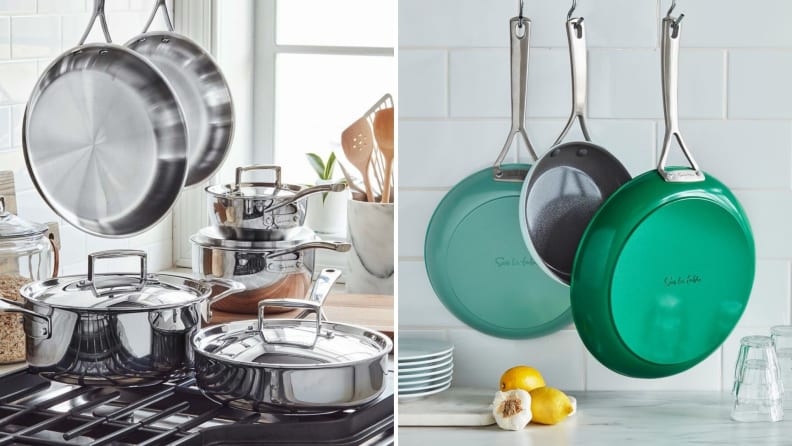 On left, Sur La Table's full set of stainless steel cookware sitting on and around a stove. On right, three nonstick Sur La Table skillets hanging from the ceiling.