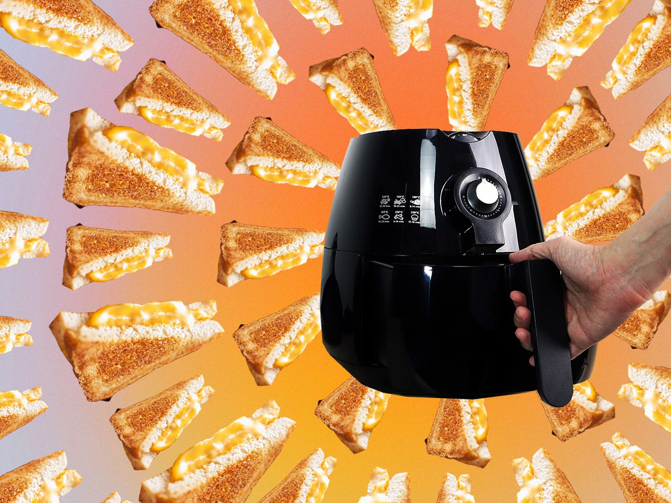 Photo-illustration of a hand opening an air fryer with grilled cheese sandwiches arrayed in a circle outside it.