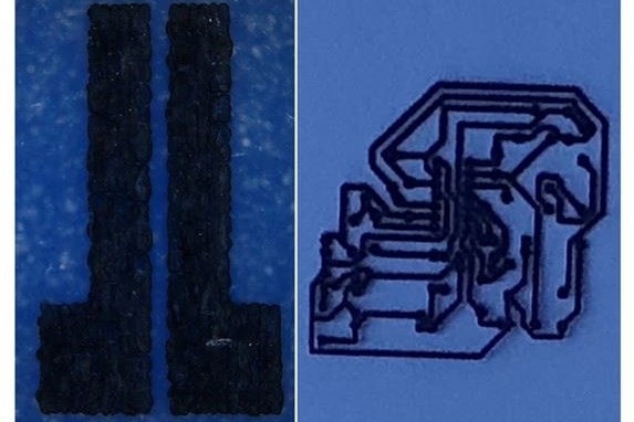 Optical image inkjet-printed transistor contacts.